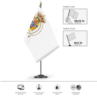 A mockup of the custom flag 'Kingdom Of The Two Sicilies  flag' as a desk flag and small hand waving flag
