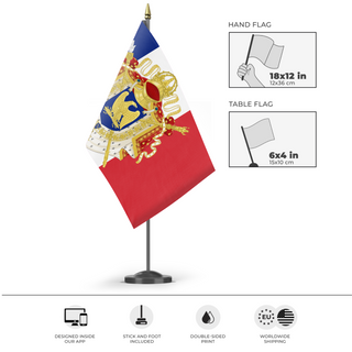 A mockup of the custom flag 'Napoleonic France flag' as a desk flag and small hand waving flag