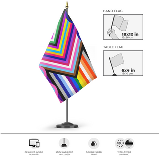 A mockup of the custom flag 'Biblically Accurate Pride flag' as a desk flag and small hand waving flag