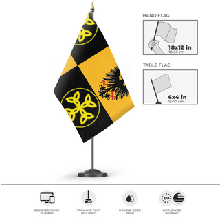 A mockup of the custom flag 'East Francia  flag' as a desk flag and small hand waving flag