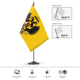A mockup of the custom flag 'Holy Russian Imperial flag' as a desk flag and small hand waving flag