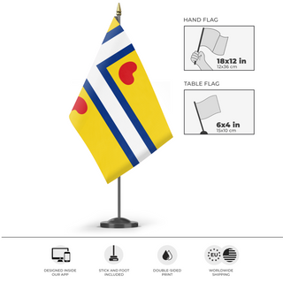 A mockup of the custom flag 'Flag of Frisia' as a desk flag and small hand waving flag