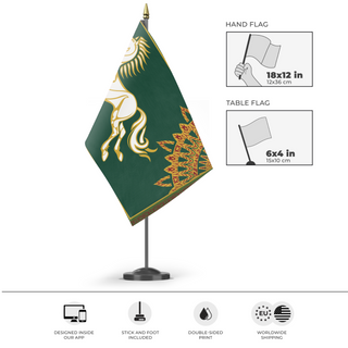 A mockup of the custom flag 'Flag of Rohan' as a desk flag and small hand waving flag