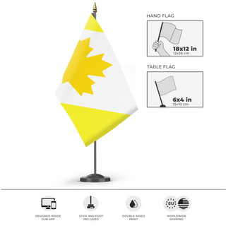 A mockup of the custom flag 'Canada Rico flag' as a desk flag and small hand waving flag