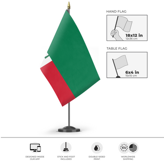 A mockup of the custom flag 'Democratic Republic of Maine flag' as a desk flag and small hand waving flag