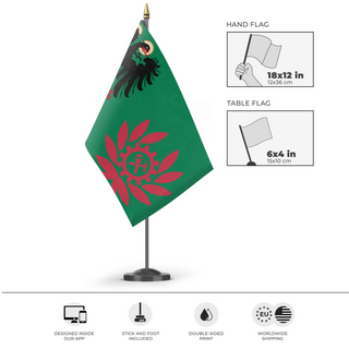 A mockup of the custom flag 'Vatican Islands flag' as a desk flag and small hand waving flag