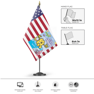 A mockup of the custom flag 'Www in the United States flag' as a desk flag and small hand waving flag