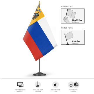 A mockup of the custom flag 'Imperial Russian Redesigned  flag' as a desk flag and small hand waving flag
