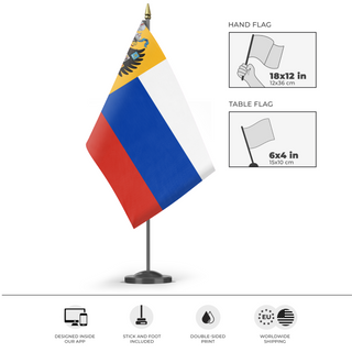 A mockup of the custom flag 'Imperial Russian WWI flag' as a desk flag and small hand waving flag