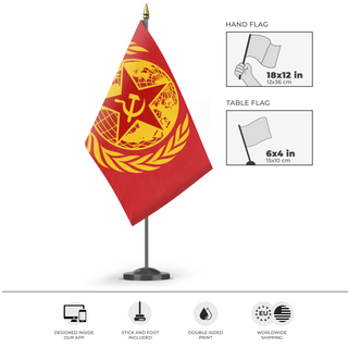 A mockup of the custom flag 'Communist Internationale flag' as a desk flag and small hand waving flag