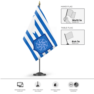 A mockup of the custom flag 'Bayland flag' as a desk flag and small hand waving flag