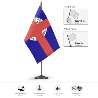 A mockup of the custom flag 'test flag' as a desk flag and small hand waving flag