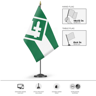 A mockup of the custom flag 'Green-White Polish flag' as a desk flag and small hand waving flag