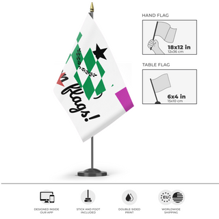 A mockup of the custom flag 'T flag' as a desk flag and small hand waving flag