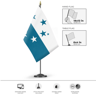 A mockup of the custom flag 'Osea flag' as a desk flag and small hand waving flag