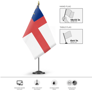 A mockup of the custom flag 'English Virginia flag' as a desk flag and small hand waving flag