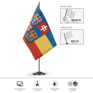 A mockup of the custom flag 'Great Moravia flag' as a desk flag and small hand waving flag
