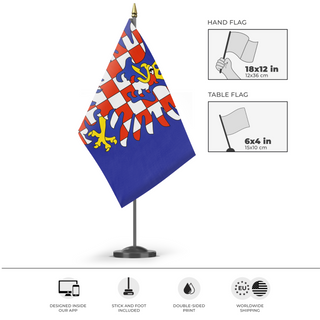 A mockup of the custom flag 'Moravia  flag' as a desk flag and small hand waving flag