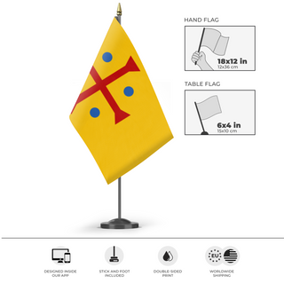 A mockup of the custom flag 'Middle Francia flag' as a desk flag and small hand waving flag