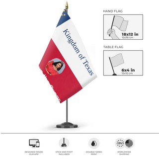 A mockup of the custom flag 'Save Texas's Queen flag' as a desk flag and small hand waving flag