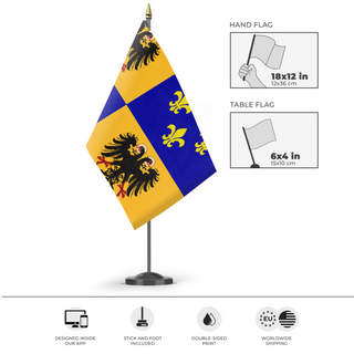 A mockup of the custom flag 'Kingdom Of The Franks  flag' as a desk flag and small hand waving flag