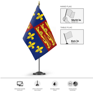 A mockup of the custom flag 'England 1406-1603 flag' as a desk flag and small hand waving flag