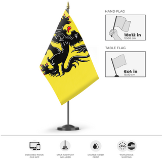 A mockup of the custom flag 'Flanders flag' as a desk flag and small hand waving flag