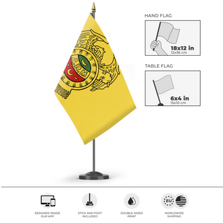 A mockup of the custom flag 'Revolutionary Mexicanist Action flag' as a desk flag and small hand waving flag