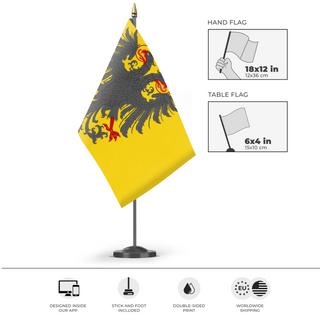 A mockup of the custom flag 'Holy Roman Empire flag' as a desk flag and small hand waving flag