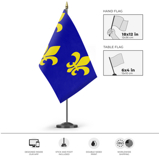 A mockup of the custom flag 'Kingdom Of France  flag' as a desk flag and small hand waving flag
