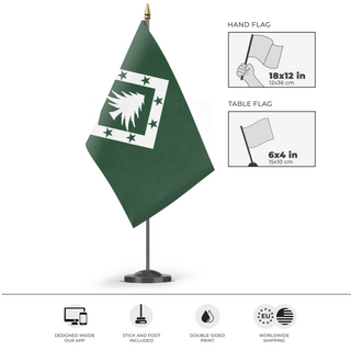 A mockup of the custom flag 'New England flag' as a desk flag and small hand waving flag