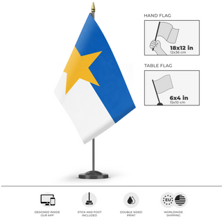 A mockup of the custom flag 'Sjoholmen flag' as a desk flag and small hand waving flag