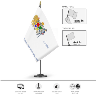 A mockup of the custom flag 'Micron 1985 - 2026 Celebration flag' as a desk flag and small hand waving flag