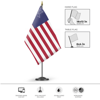 A mockup of the custom flag 'Greatest Blossum flag' as a desk flag and small hand waving flag
