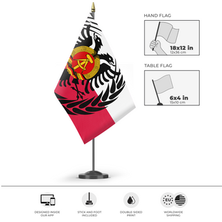 A mockup of the custom flag 'Polish-Russo Commonwealth flag' as a desk flag and small hand waving flag