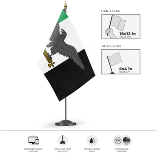 A mockup of the custom flag 'The flag' as a desk flag and small hand waving flag