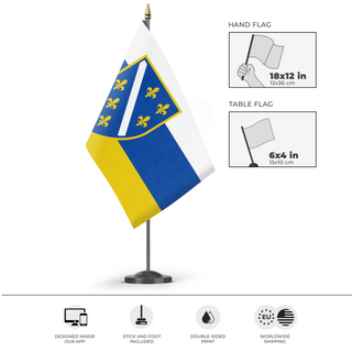 A mockup of the custom flag 'Bosnia and Hercegovina Flag Redesign' as a desk flag and small hand waving flag