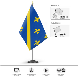 A mockup of the custom flag 'Improved Bosnia flag' as a desk flag and small hand waving flag