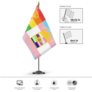 A mockup of the custom flag 'Austria-Hungary Pride Flag 2026' as a desk flag and small hand waving flag