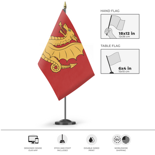 A mockup of the custom flag 'Kingdom Of Wessex Redesigned flag' as a desk flag and small hand waving flag