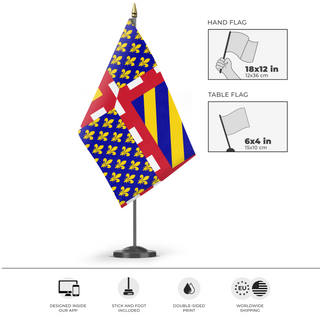 A mockup of the custom flag 'Duchy Of Burgundy flag' as a desk flag and small hand waving flag
