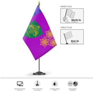 A mockup of the custom flag 'Aerosol flag' as a desk flag and small hand waving flag