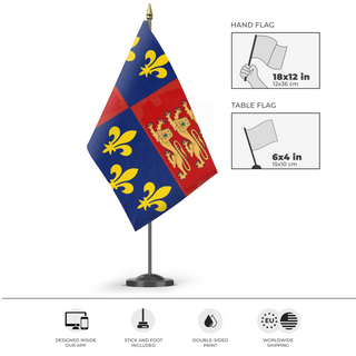 A mockup of the custom flag 'England 1406-1603 Redesign flag' as a desk flag and small hand waving flag