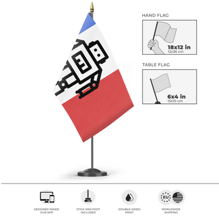 A mockup of the custom flag 'Robot flag' as a desk flag and small hand waving flag