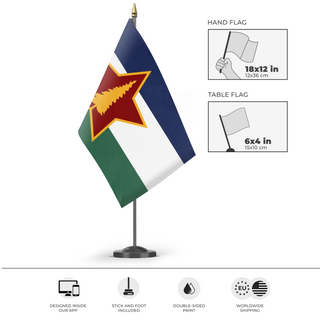A mockup of the custom flag 'Socialist Cascadia flag' as a desk flag and small hand waving flag
