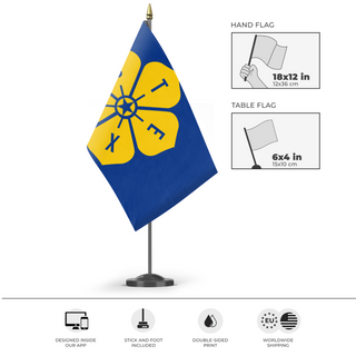A mockup of the custom flag 'Yellow Rose of Texas flag' as a desk flag and small hand waving flag