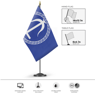 A mockup of the custom flag 'Seleucid Empire flag' as a desk flag and small hand waving flag