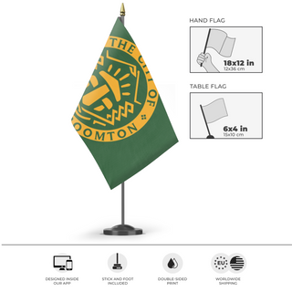 A mockup of the custom flag 'New Mushroomton flag' as a desk flag and small hand waving flag