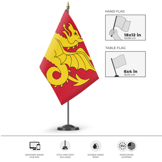A mockup of the custom flag 'Kingdom Of Wessex flag' as a desk flag and small hand waving flag