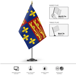 A mockup of the custom flag 'Royal Standard Of England 1406-1603 flag' as a desk flag and small hand waving flag